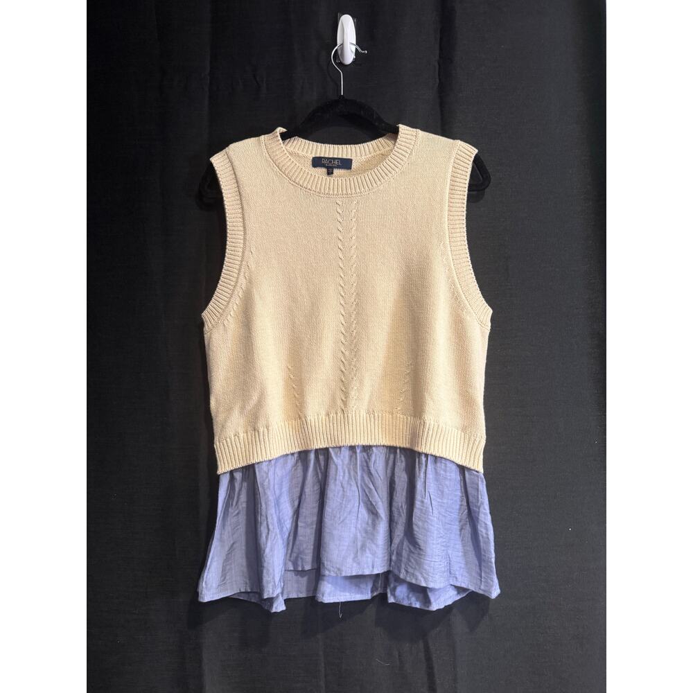 Stylish Rachel Roy knit tank top in tan knit upper and denim.